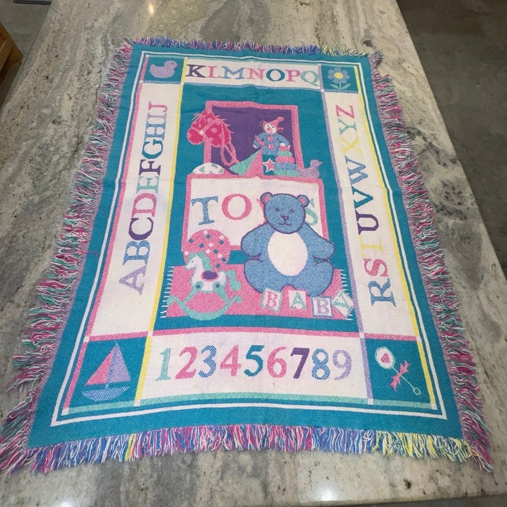 Vintage 80's Riegel Jacquard Fringed Baby Blanket Toys ABCs Pastel‎ 100% Cotton